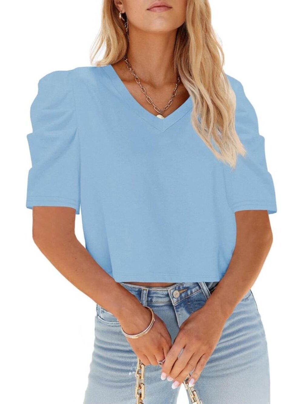 Women's Sky Blue Short Sleeve V Neck Cropped Casual Crop Tops T Shirts